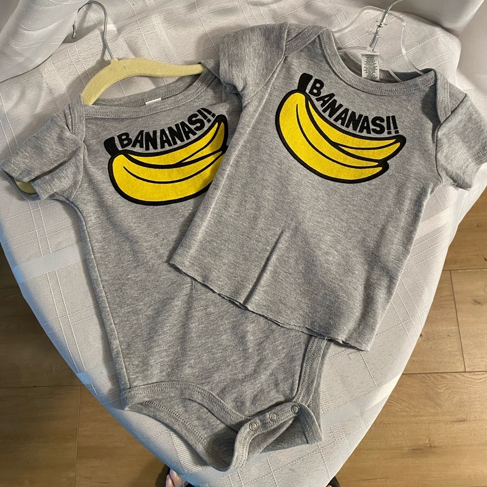 Royal Apparel Grey “Bananas!!” Onesie and    T-Shirt. Both Size: 6-12 months.